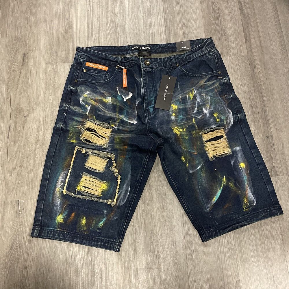 CREATE 2MRW BLUE COLORFUL RIPPED JEAN SHORTS MENS SIZE 40 NEW RETAIL 80
